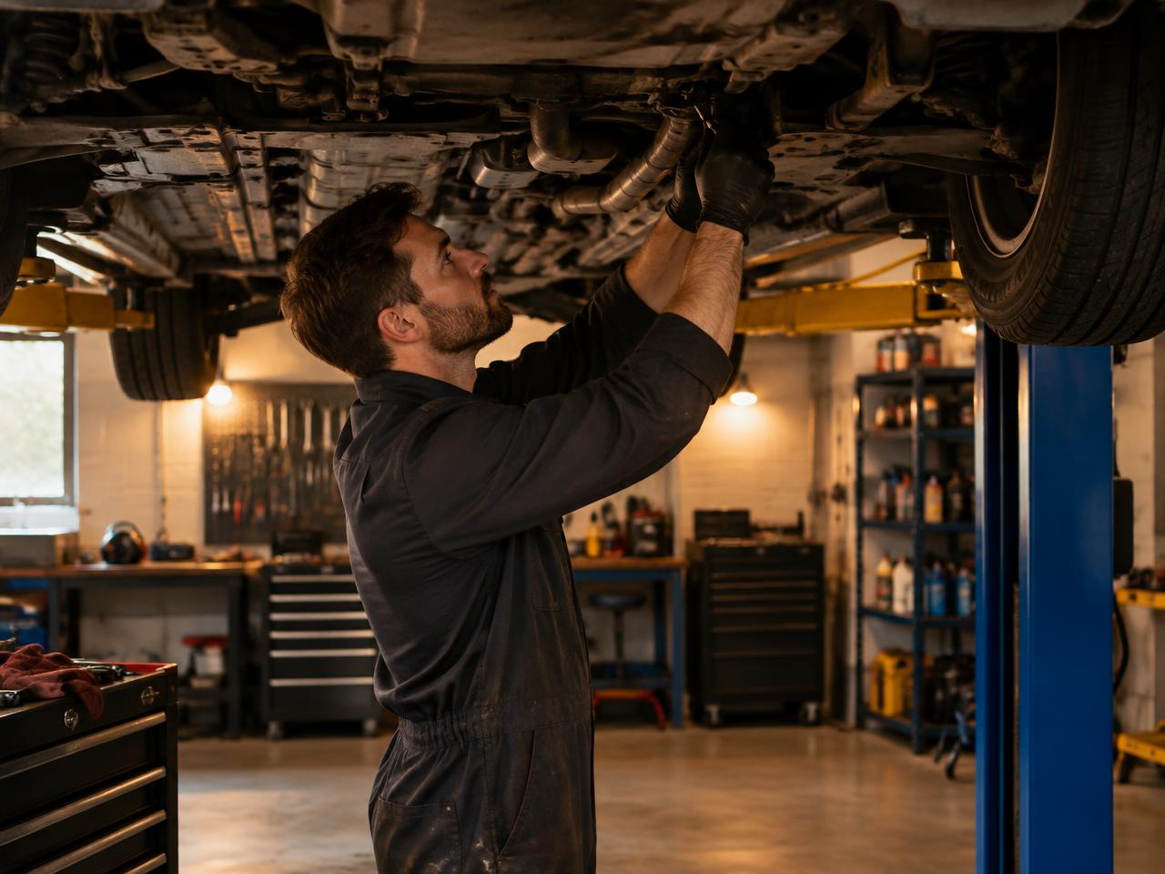 Technician working under a car